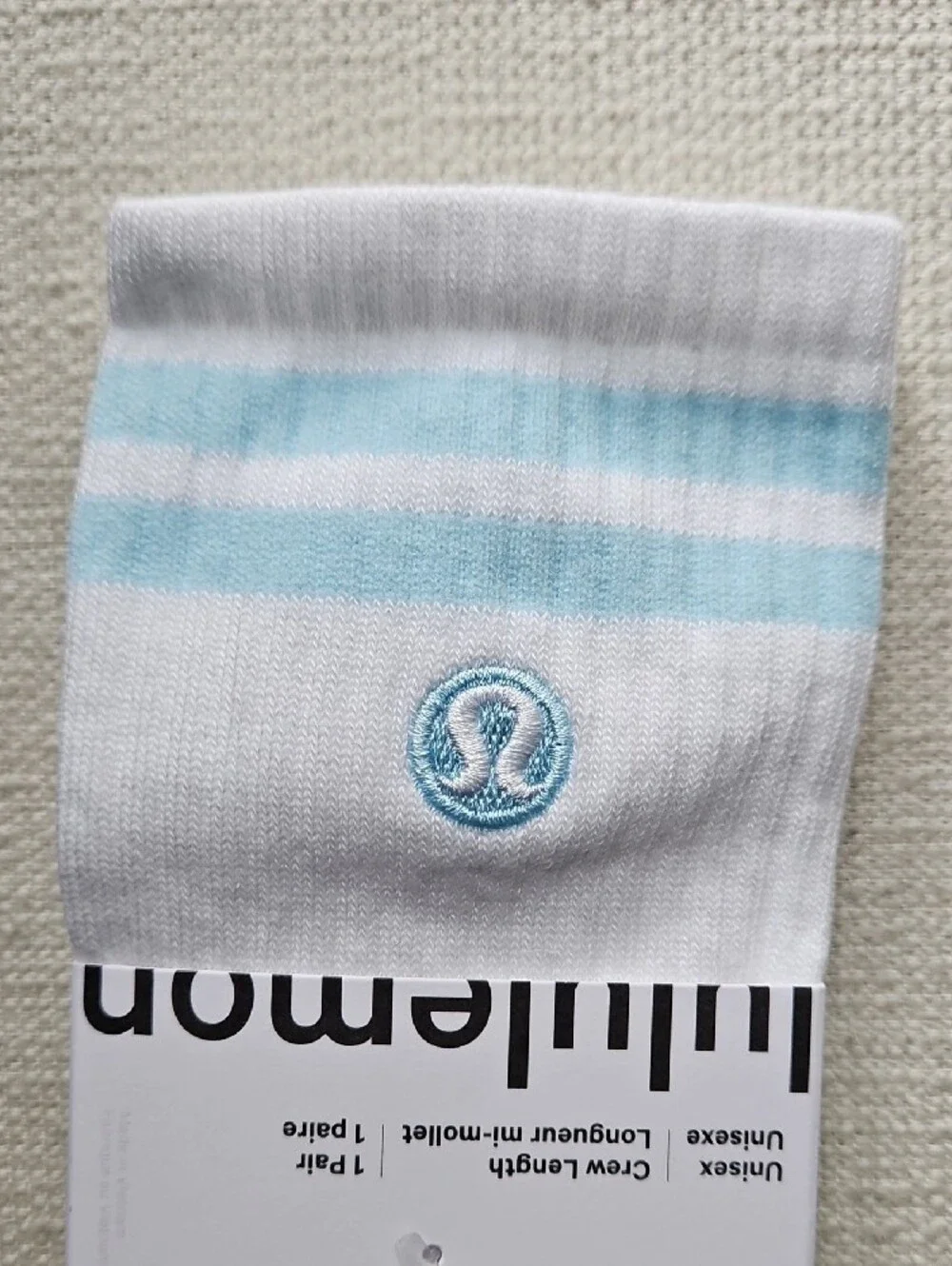 lululemon athletica White Crew Socks with Light Blue Stripes